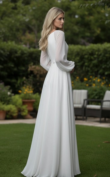 Long Sleeve V-Neck Chiffon A-line Simple Wedding Dress