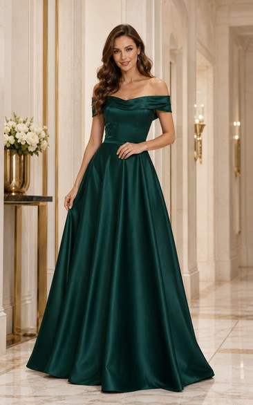 Dark Green Off-the-Shoulder Satin A-Line Prom Dress with Full Floor-Length Princess Skirt