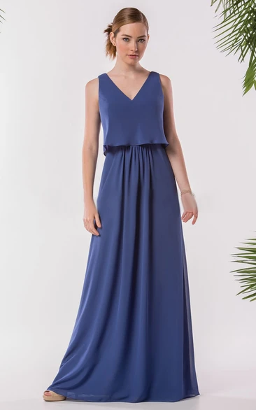 Sleeveless V-Neck A-Line Long Bridesmaid Dress With V-Back