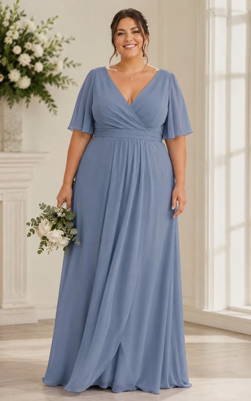 Plus Size Steel Blue A-Line Chiffon V-Neck Bridesmaid Dress with Front Split