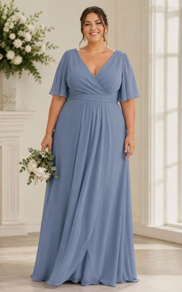 Plus Size Steel Blue A-Line Chiffon V-Neck Bridesmaid Dress with Front Split