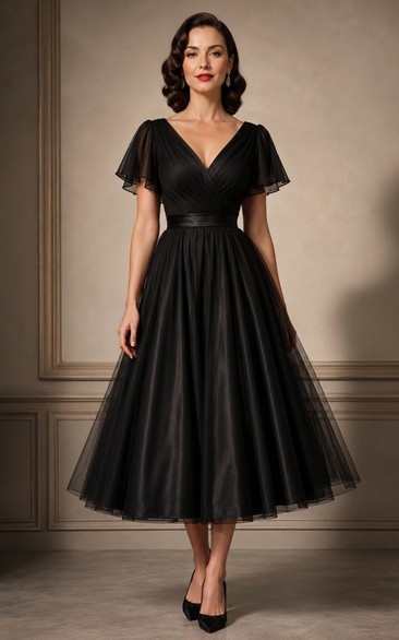 Vestido de novia negro de largo midi con escote en V, mangas de tul con volantes