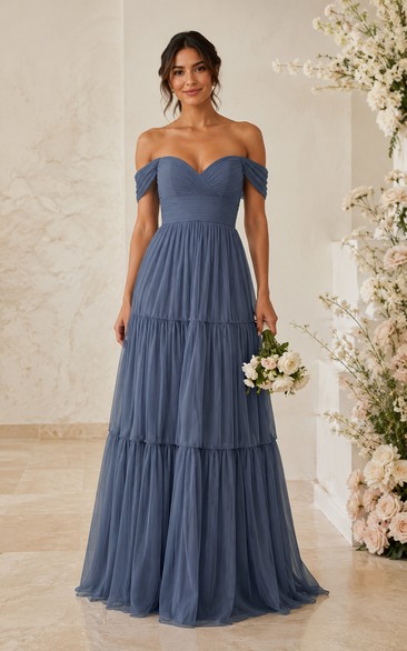 Slate Blue Off-the-Shoulder Tiered Chiffon Bridesmaid Dress