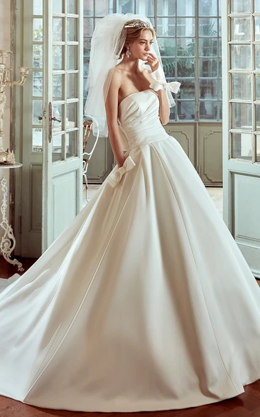 Strapless Satin Wedding Dress With Pleated Bodice And Back Bow