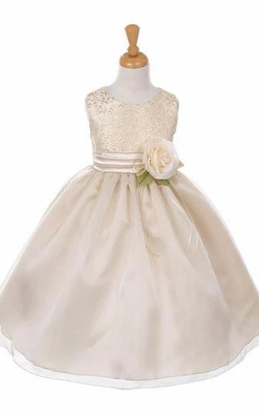 Tea-Length Tiered Organza&Satin Flower Girl Dress