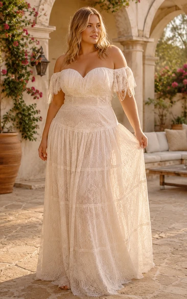 Plus Size Off Shoulder Tiered Boho Wedding Dress with Fringe Lace