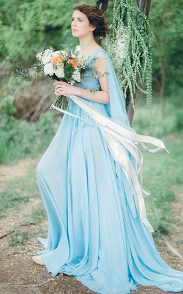 Serenity Bohemian Sky Blue Chiffon Wedding Or Prom Non Traditional Coloured Bridal Gown Dress