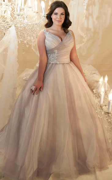 Ball Gown V-Neck Beaded Sleeveless Tulle Plus Size Princess Wedding Dress With Criss Cross And Lace Up