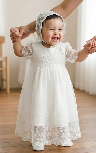 Christening White Lace Baby Flower Girl Dress with Embroidered Tulle Skirt