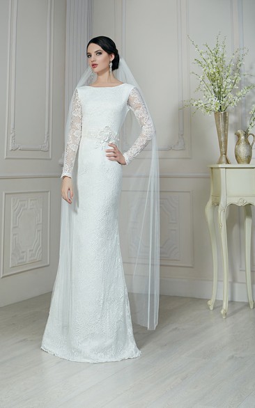 Sheath Floor-Length Bateau-Neck Illusion-Sleeve Low-V-Back Lace Vow Renewal Dress With Flower And Sash