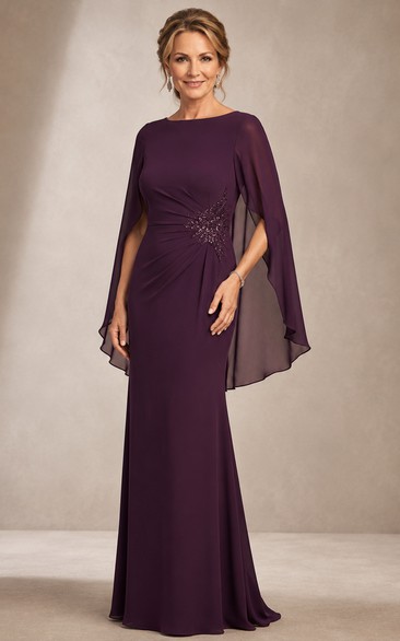 Sheath Bateau Long Sleeve Chiffon Mother Dress with Cape