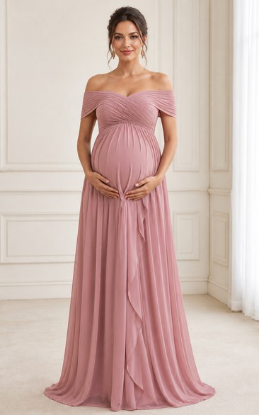 Maternity A-Line Maternity Dress with Off-the-shoulder, Short Sleeve and Ruching Drape, Floor Length