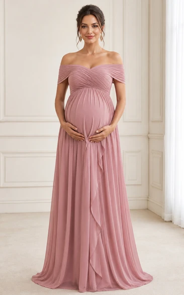 Maternity A-Line Maternity Dress with Off-the-shoulder, Short Sleeve and Ruching Drape, Floor Length