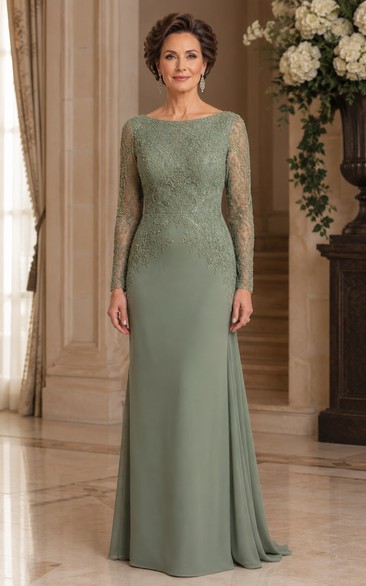 Sage Bateau Long Sleeve Lace Sheath Mother of the Bride Dress