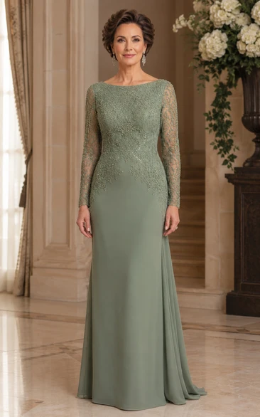 Sage Bateau Long Sleeve Lace Sheath Mother of the Bride Dress