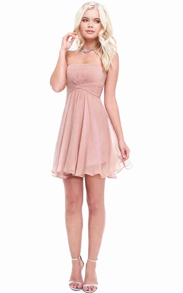 A-Line Sleeveless Strapless Mini Pleated Tulle Bridesmaid Dress