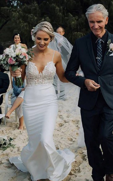 Spaghetti Empire Mermaid Beach Simple Boho Wedding Dress with Lace Top
