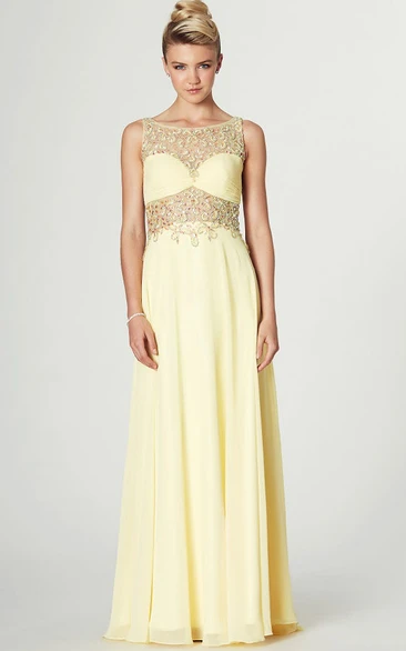 Maxi Sleeveless Beaded Scoop Neck Chiffon Prom Dress