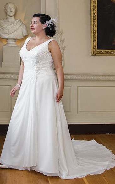 V Neck Sleeveless A-Line Bridal Gown With Lace Up And Train