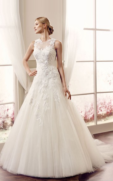 Ball-Gown Sleeveless Appliqued Maxi Jewel Lace&Tulle Wedding Dress With Illusion Back And Court Train