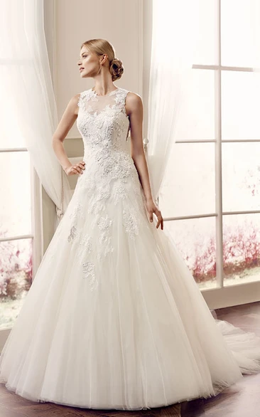 Ball-Gown Sleeveless Appliqued Maxi Jewel Lace&Tulle Wedding Dress With Illusion Back And Court Train