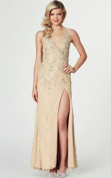 Sheath Sleeveless Split-Front Jewel-Neck Floor-Length Lace Prom Dress With Beading