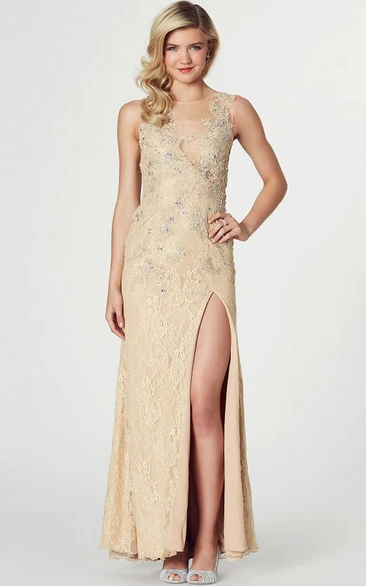 Sheath Sleeveless Split-Front Jewel-Neck Floor-Length Lace Prom Dress With Beading