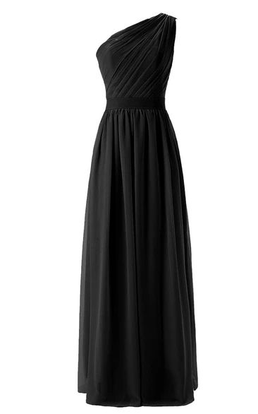 One-shoulder Pleated Chiffon Dress With Belt