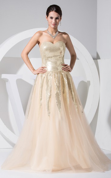 Sweetheart A-Line Dress With Sequined Top and Tulle Overlay