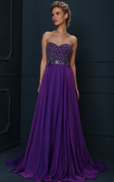 A-Line Sleeveless Floor-Length Sweetheart Beaded Jersey Evening Dress With Pleats