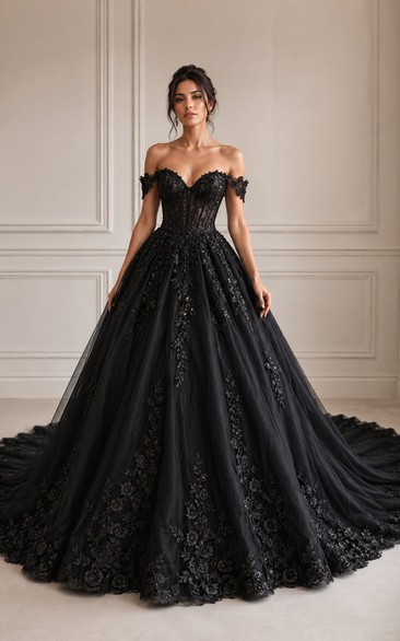 Off-the-Shoulder Black Lace Ball Gown Wedding Dress