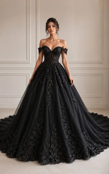 Off-the-Shoulder Black Lace Ball Gown Wedding Dress