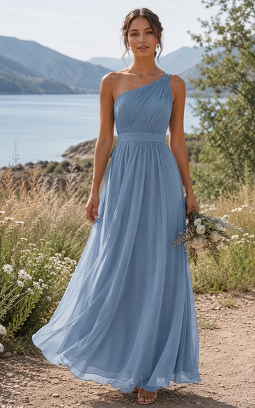 Sky Blue One-Shoulder A-Line Chiffon Bridesmaid Dress
