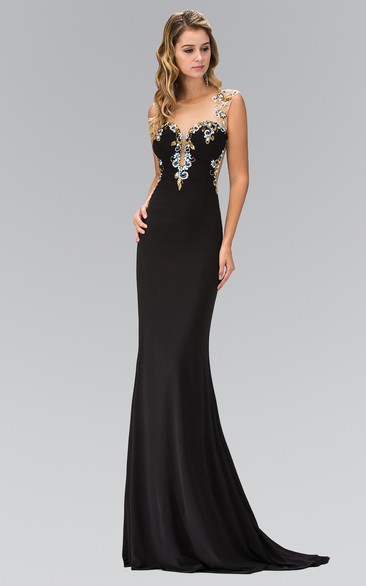 Sheath Scoop-Neck Cap-Sleeve Jersey Illusion Dress With Beading