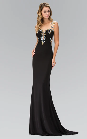 Sheath Scoop-Neck Cap-Sleeve Jersey Illusion Dress With Beading