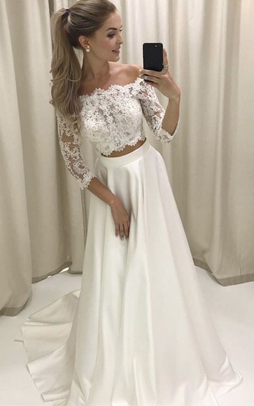 Two Piece Off-the-shoulder Sleeves Satin Simple Wedding Dresses with Lace Simple Wedding Dresses