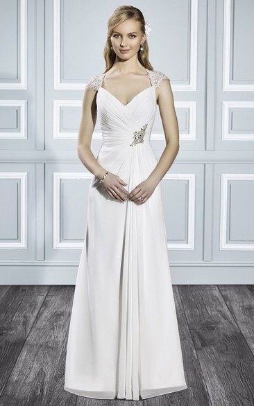 V-Neck Maxi Ruched Cap-Sleeve Chiffon Wedding Dress With Sweep Train And Keyhole