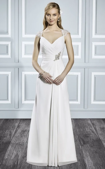 V-Neck Maxi Ruched Cap-Sleeve Chiffon Wedding Dress With Sweep Train And Keyhole