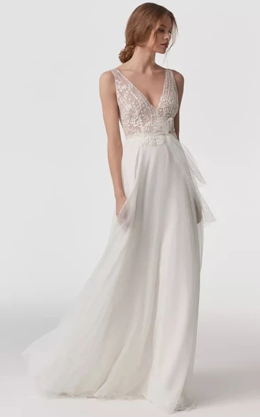 Deep-v Neck Sleeveless Empire Sheath Chiffon Simple Wedding Dress with Bow and Lace Top