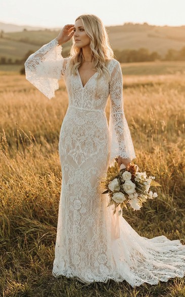 Boho Lace Wedding Dress Sheath V-Neck Long Bell Sleeve Bridal Gown with Train