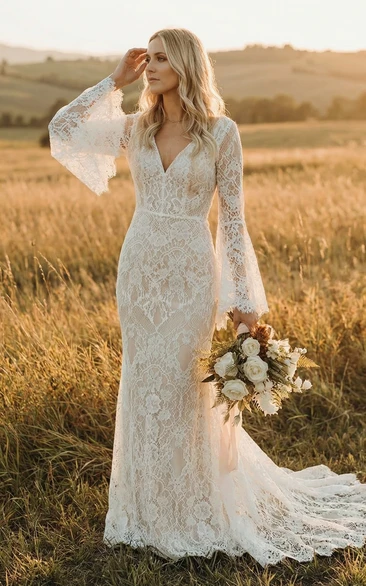Boho Lace Wedding Dress Sheath V-Neck Long Bell Sleeve Bridal Gown with Train