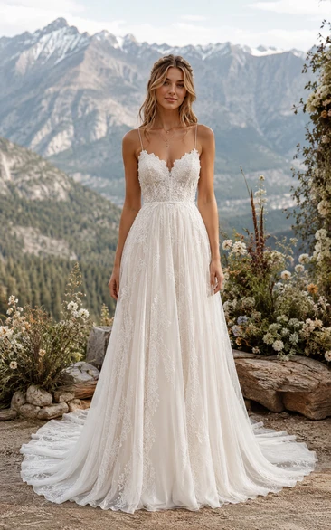 Country Sexy A-Line Wedding Dress Strapless Sweetheart Tulle Lace Applique Backless Floor Length Chapel Train Ivory
