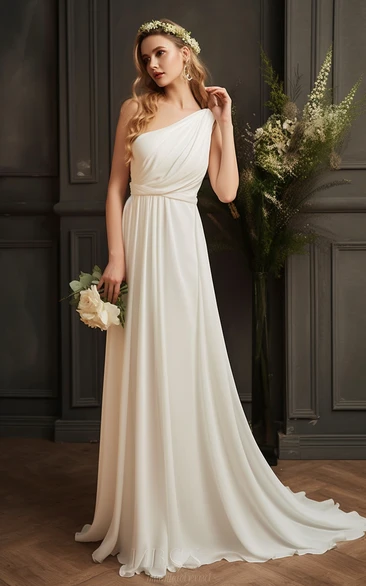 Simple One-shoulder Chiffon Empire Asymmetrical Greece Style Wedding Dress