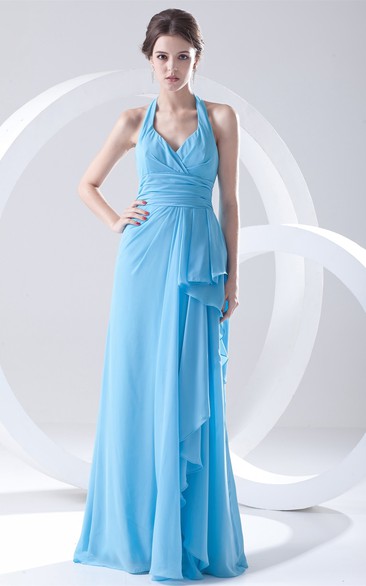 Sleeveless Draped Long Chiffon Dress With Halter