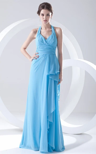 Sleeveless Draped Long Chiffon Dress With Halter