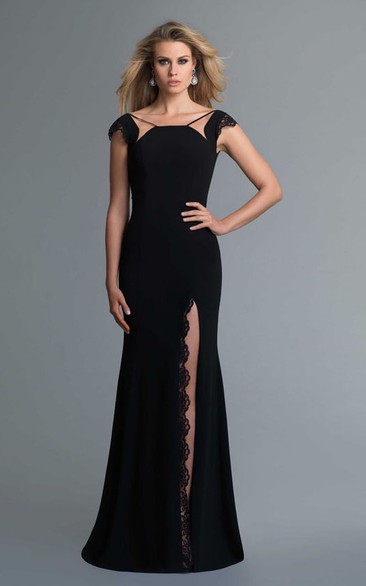 Sheath Cap-Sleeve Jersey Deep-V Back Dress With Split Front And Lace