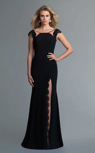 Sheath Cap-Sleeve Jersey Deep-V Back Dress With Split Front And Lace