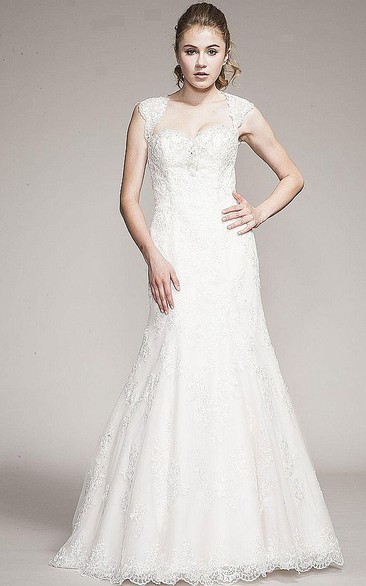 A-Line Queen-Anne Appliqued Floor-Length Lace Wedding Dress With Beading