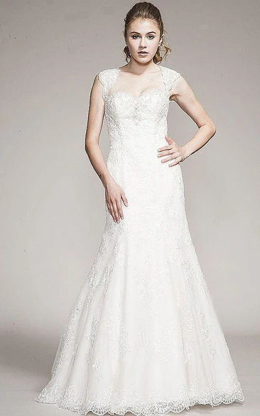 A-Line Queen-Anne Appliqued Floor-Length Lace Wedding Dress With Beading