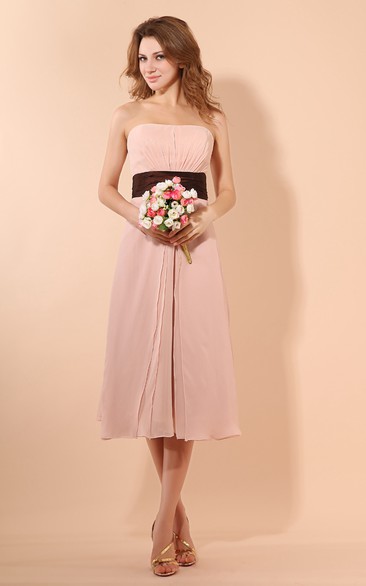 Strapless Tea-Length Chiffon Dress With Ruching Waist